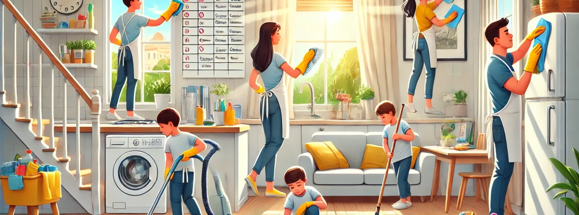 DALL·E 2024 06 28 15.32.01 An illustration of a clean and organized home with a family participating in various cleaning activities. The scene shows a mother wiping kitchen coun