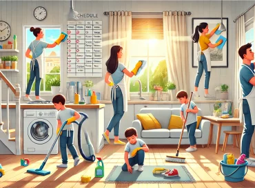 DALL·E 2024 06 28 15.32.01 An illustration of a clean and organized home with a family participating in various cleaning activities. The scene shows a mother wiping kitchen coun