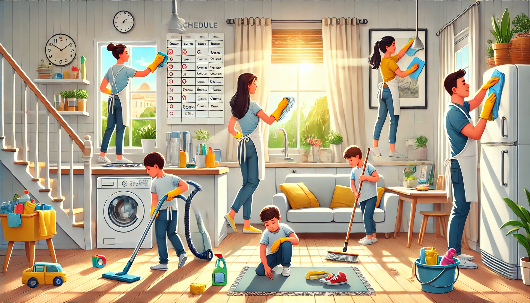 DALL·E 2024 06 28 15.32.01 An illustration of a clean and organized home with a family participating in various cleaning activities. The scene shows a mother wiping kitchen coun