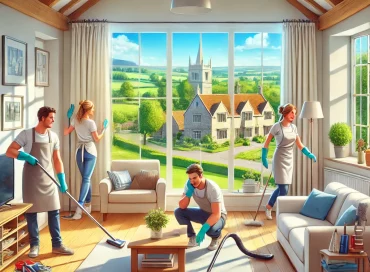 DALL·E 2024 07 31 11.12.55 A clean and organized home in a picturesque area like Wiltshire or Gloucestershire. The scene includes adults engaging in various cleaning activities