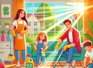 DALL·E 2024 08 30 12.05.04 A vibrant, positive image depicting a happy family cleaning their home with eco friendly products. The scene shows a bright, well lit living room with