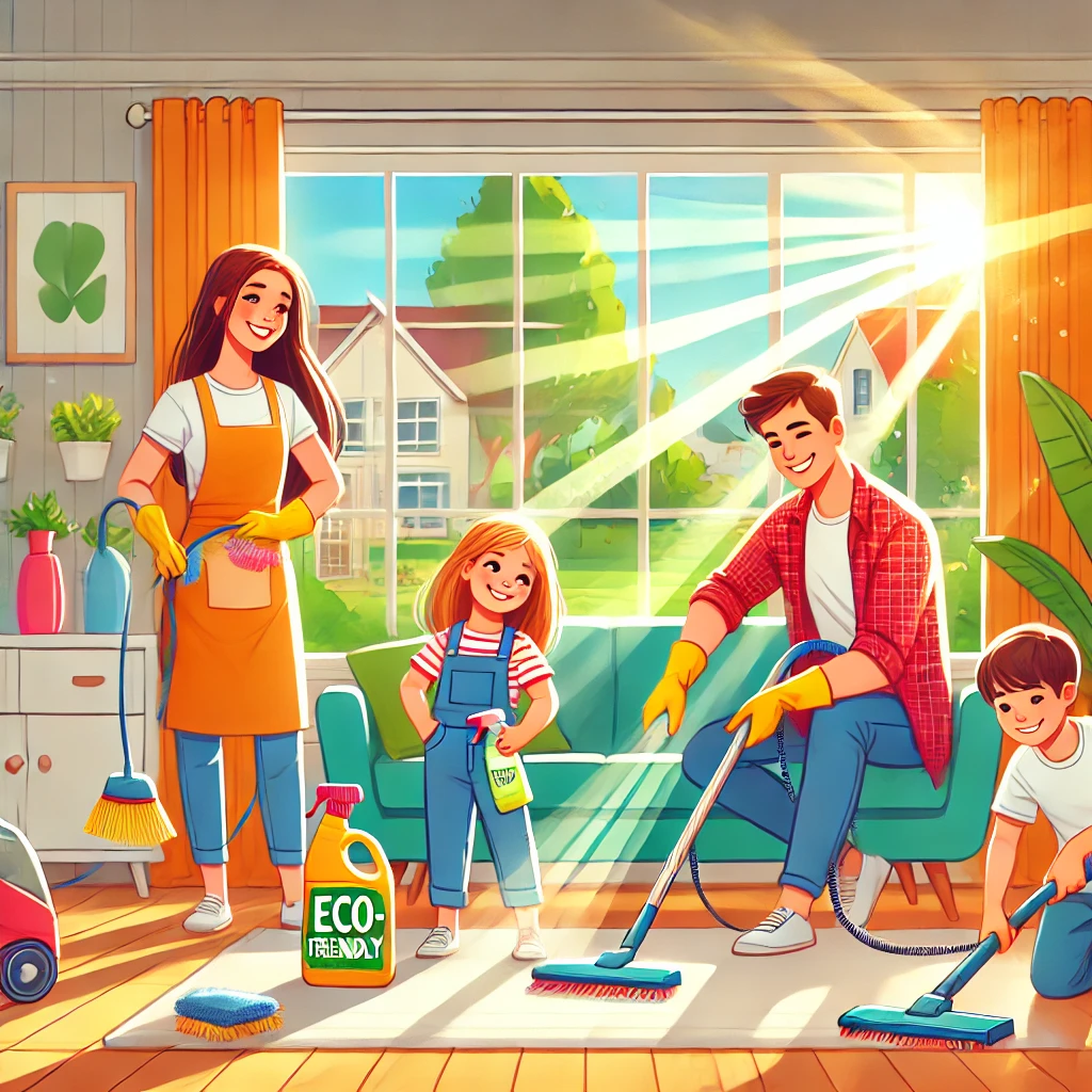 DALL·E 2024 08 30 12.05.04 A vibrant, positive image depicting a happy family cleaning their home with eco friendly products. The scene shows a bright, well lit living room with