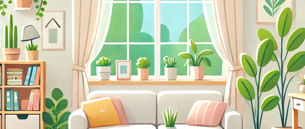 DALL·E 2024 09 30 16.03.44 A welcoming and positive illustration depicting a clean and organized home environment. The image should feature a bright, tidy living room with large