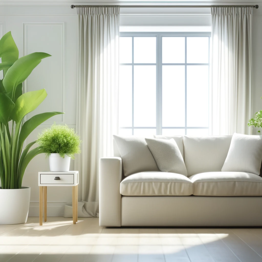 DALL·E 2024 10 30 16.01.46 A positive and welcoming image of a clean, bright home interior. The scene shows a tidy living room with soft lighting, a comfortable sofa, and green