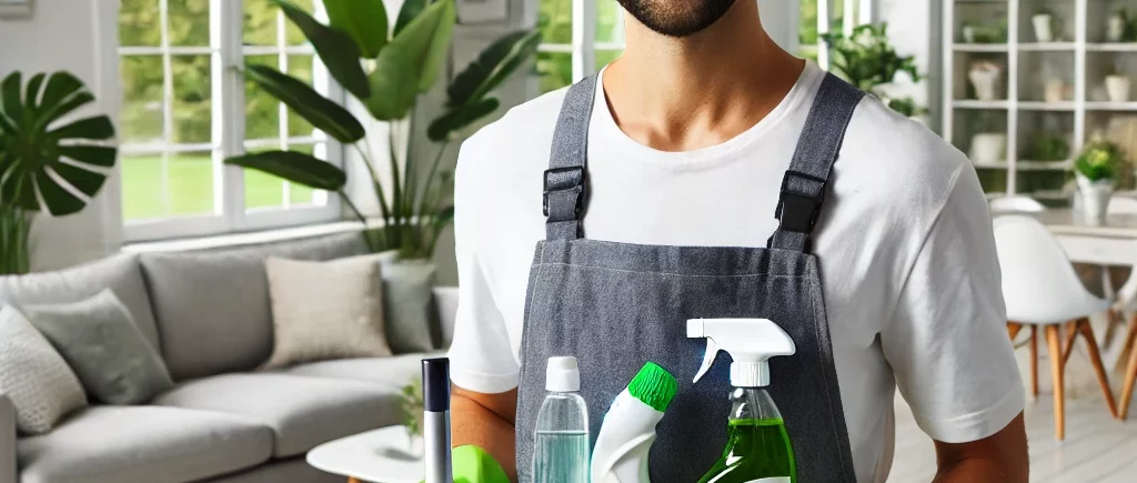 ositive and vibrant image illustrating the theme of professional cleaning with eco-conscious elements