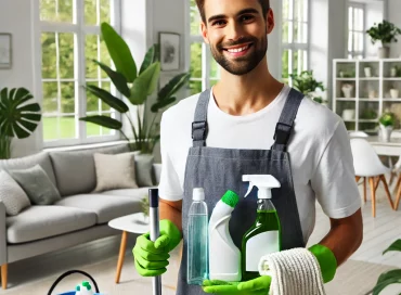 ositive and vibrant image illustrating the theme of professional cleaning with eco-conscious elements